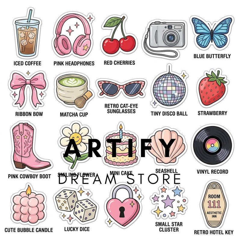May include: A collection of twenty individual stickers featuring illustrations of an iced coffee, pink headphones, red cherries, a camera, a blue butterfly, a pink bow, a matcha cup, cat-eye sunglasses, a disco ball, a strawberry, a pink cowboy boot, a smiling flower, a mini cake, a seashell, a vinyl record, a bubble candle, dice, a heart padlock, stars, and a hotel key.