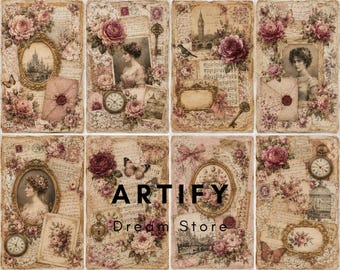 Paquete de hojas para collage de diario creativo con diseño de rosas victorianas / Papeles imprimibles de estilo vintage shabby chic