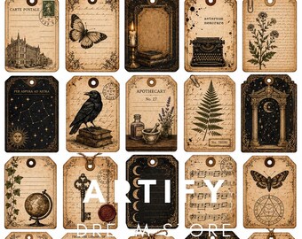 Dark Academia Printable Journal Tags | Vintage Ephemera, Botanical Gothic Designs (Digital Download)