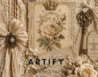 Op de afbeelding: Vintage collage met kant, bloemmotieven en antieke efemera. Het bevat een centrale bloemenillustratie, een decoratieve sleutel en de tekst "ARTIFY Dream Store". Het kleurenpalet is zacht beige en crème.