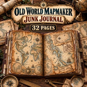 May include: An open junk journal with 32 pages featuring vintage-style world maps, compass roses, and sailing ships. The cover text reads OLD WORLD MAPMAKER JUNK JOURNAL 32 PAGES. The book is surrounded by a compass, ruler, and magnifying glass.
