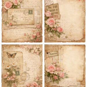 May include: Four vintage-style scrapbook pages with a floral theme. Each page features aged paper, delicate pink roses, and handwritten script. One page includes a postcard with French text, another has a butterfly illustration, and a third has the word "Memories".