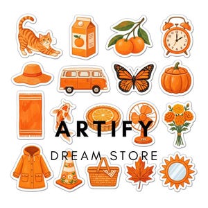 May include: A collection of orange-themed stickers featuring a cat, juice carton, oranges, alarm clock, sun hat, van, butterfly, pumpkin, blanket, koi fish, tart, fan, flowers, raincoat, traffic cone, picnic basket, maple leaf, and sun mirror.