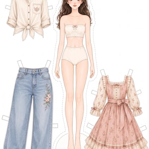 印刷可能な紙人形着せ替えキット、パステルカラーの人形服と衣装、コテージコアファッションの印刷物、女性らしいキャラクターのクラフトPDF 画像 16