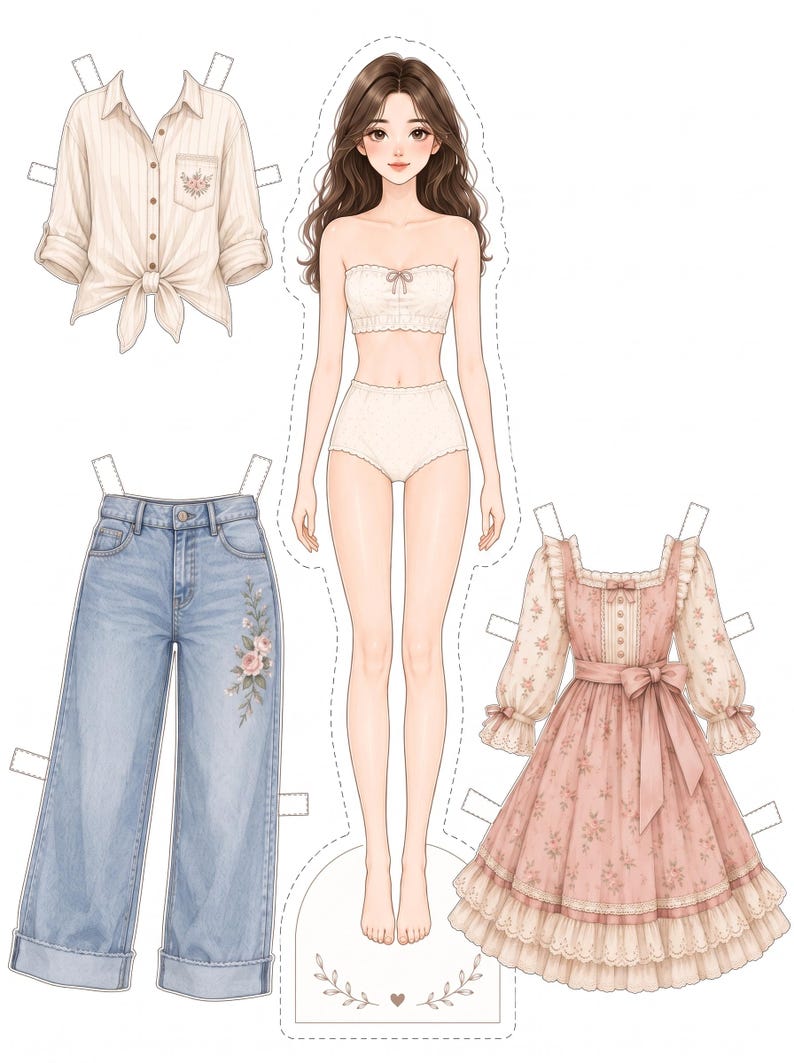 印刷可能な紙人形着せ替えキット、パステルカラーの人形服と衣装、コテージコアファッションの印刷物、女性らしいキャラクターのクラフトPDF 画像 16
