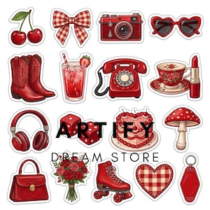 May include: A collection of red-themed stickers featuring cherries, a gingham bow, a camera, heart sunglasses, cowboy boots, a strawberry drink, a rotary phone, a floral teacup, lipstick, headphones, dice, a cake, a mushroom, a handbag, roses, a roller skate, a heart, and a keychain, with the text ARTIFY DREAM STORE.