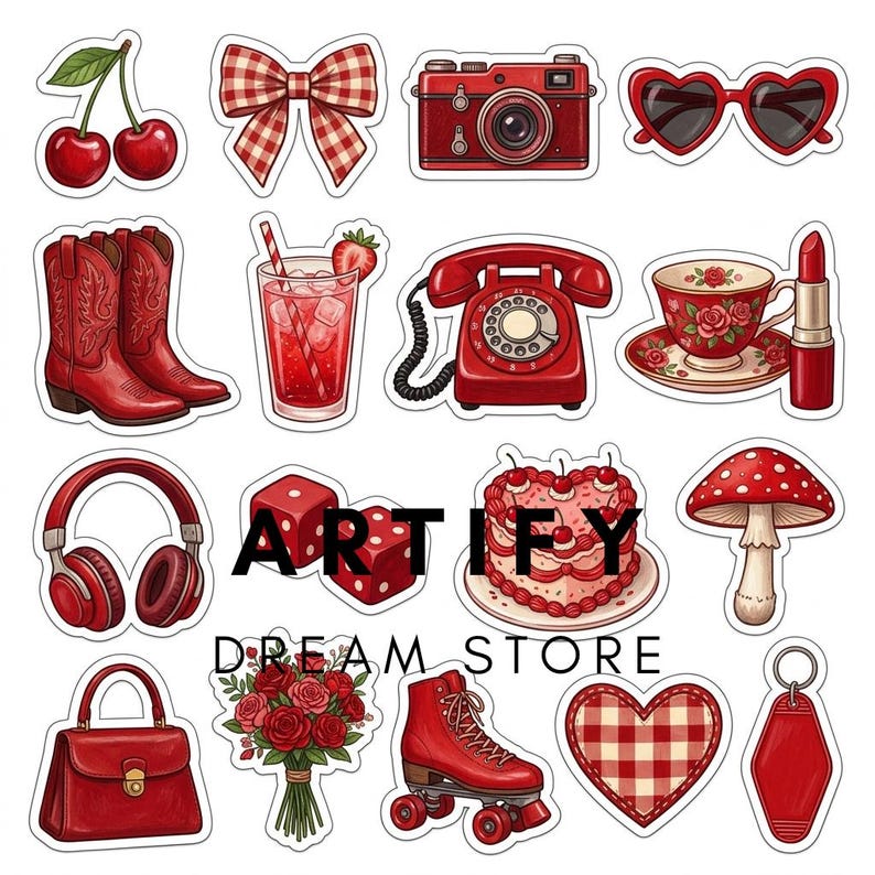 May include: A collection of red-themed stickers featuring cherries, a gingham bow, a camera, heart sunglasses, cowboy boots, a strawberry drink, a rotary phone, a floral teacup, lipstick, headphones, dice, a cake, a mushroom, a handbag, roses, a roller skate, a heart, and a keychain, with the text ARTIFY DREAM STORE.