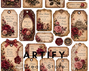 Op de afbeelding: Een verzameling papieren labels en etiketten in vintage-stijl met rozenillustraties, handschrift-typografie, kanten accenten en waszegelmotieven. De ontwerpen bevatten diverse rechthoekige, ovale en ronde vormen met verouderde perkamenttexturen.