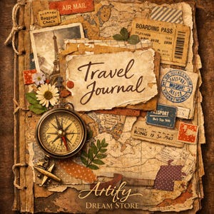 Puede incluir: Un diario de viaje de estilo vintage con una brújula, sellos de pasaporte y una tarjeta de embarque. La portada presenta las palabras "Travel Journal" y "Artify Dream Store" sobre un fondo de mapas y papel envejecido.