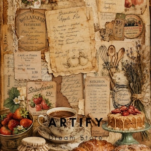May include: A vintage-style collage featuring a cookbook, handwritten recipes, and food items. Includes a cup of coffee, strawberries, a cake, croissants, and a jar of honey. The image has a warm, inviting aesthetic with sepia tones.