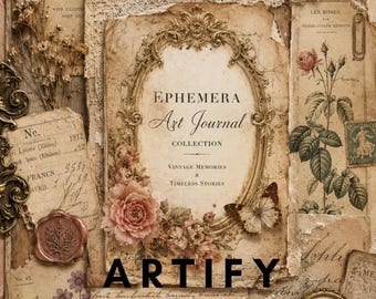 Paquete de portadas de diarios con efímeros antiguos, imprimibles vintage para diarios creativos, papeles digitales de estilo shabby chic.