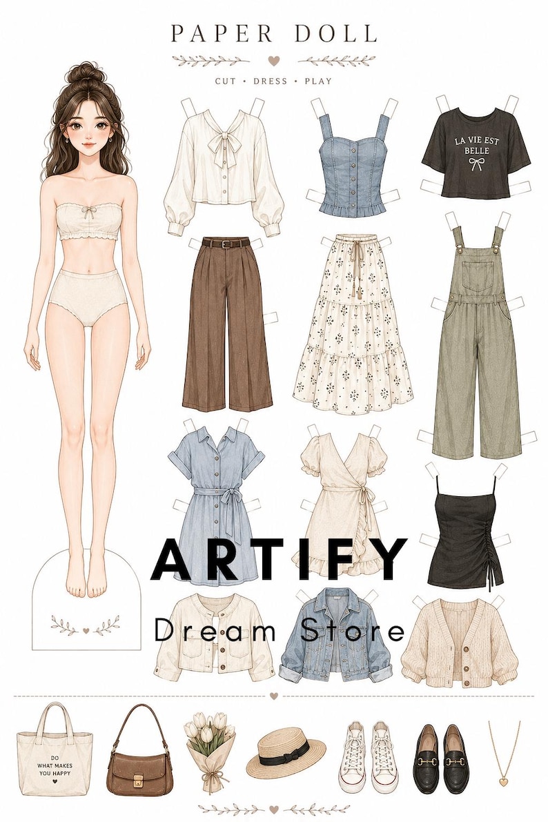 May include: A paper doll set featuring a female figure, various clothing items including blouses, skirts, dresses, and overalls, plus accessories like a tote bag, handbag, bouquet, hat, trainers, loafers, and necklace. Text reads PAPER DOLL and ARTIFY.