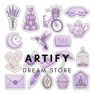 May include: A collection of purple-themed stickers featuring lavender, a macaron tower, a bicycle with a flower basket, a sleep mask, a teapot, a crescent moon, a hummingbird, a bar of soap, lace gloves, yarn, slippers, an umbrella, a birdcage, an envelope, a feather, a locket, a cupcake, and a small house, with the text ARTIFY DREAM STORE.