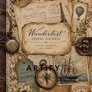 May include: A vintage travel journal with a leather cover and lace trim. The cover features postcards, a compass, and the words "Wanderlust Travel Journal." Additional elements include a hot air balloon, Eiffel Tower, and a sailing ship.