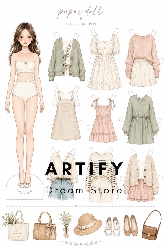 Minimal Dress Up Character Kit | Pastel Outfit Collection | Feminine Fashion Craft | Cottagecore PDF Download