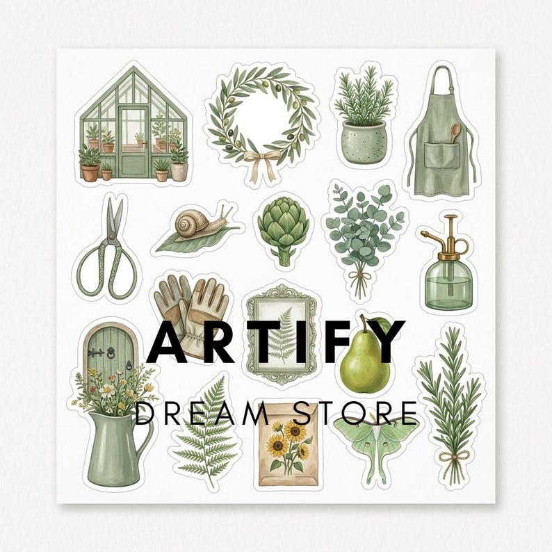 May include: A sticker sheet featuring botanical and gardening illustrations including a greenhouse, olive wreath, potted plant, apron, scissors, snail, artichoke, eucalyptus, spray bottle, gloves, framed fern, pear, pitcher, sunflower, and moth.