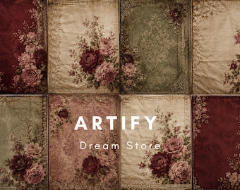 Op de afbeelding: Een verzameling van acht rechthoekige panelen met bloemmotieven en kantachtige randen in tinten diep rood, gedempt groen en beige. De tekst ARTIFY Dream Store is gecentreerd over de afbeeldingen. Elk paneel toont verschillende botanische motieven.