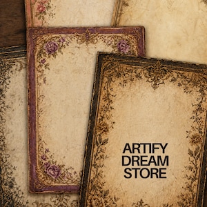 Peut inclure: Plusieurs feuilles de papier de style vintage avec des bordures florales. Les papiers présentent un aspect vieilli et vieilli avec des éléments décoratifs roses, violets et bruns. Le texte "ARTIFY DREAM STORE" est visible sur une feuille.