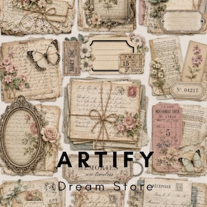 May include: A collection of vintage-style paper ephemera featuring aged documents, handwritten script, floral illustrations, butterflies, ornate frames, lace trim, and tickets. The text ARTIFY MEMORIES are timeless Dream Store is centered.