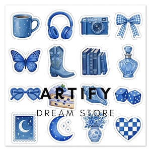 May include: A sticker sheet featuring various blue-themed illustrations including a coffee mug, headphones, camera, bow, butterfly, cowboy boot, books, perfume bottle, heart sunglasses, cake slice, seashell, dice, postage stamp, moon, vase, and heart.