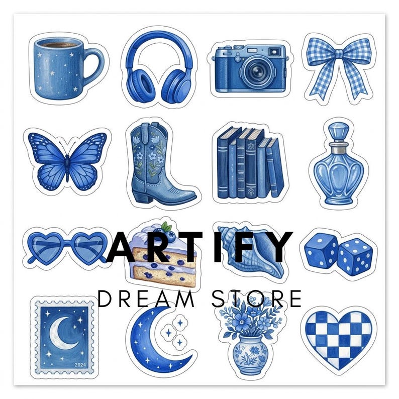 May include: A sticker sheet featuring various blue-themed illustrations including a coffee mug, headphones, camera, bow, butterfly, cowboy boot, books, perfume bottle, heart sunglasses, cake slice, seashell, dice, postage stamp, moon, vase, and heart.