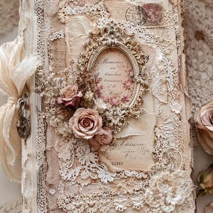 May include: A vintage-style journal with a cream-colored cover adorned with lace, dried flowers, and an ornate frame. The frame contains the text "Memories are timeless treasures of the Heart". The journal is tied with a cream-colored ribbon.