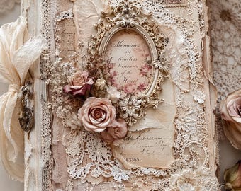 Op de afbeelding: Een vintage dagboek met een crèmekleurige omslag versierd met kant, gedroogde bloemen en een sierlijk frame. Het frame bevat de tekst "Memories are timeless treasures of the Heart". Het dagboek is vastgebonden met een crèmekleurig lint.