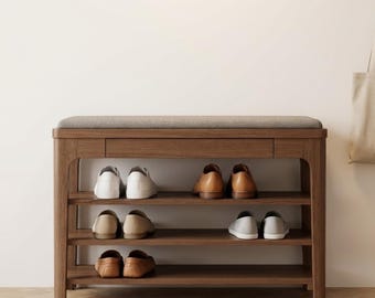 Entryway Bench - Solid Wood Shoe Bench, Hall Bench, Foyer Bench, Narrow Bench, 3 Tier Shoe Rack, Hidden Drawer, Cushion, Small Shoe Bench