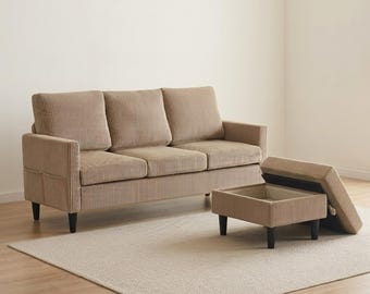 Sectional Sofa with Storage Ottoman - Deep Seat Corduroy Couch, Convertible Modular Sofa Set, Small Space, Modern Living Room, Sleeper Sofa