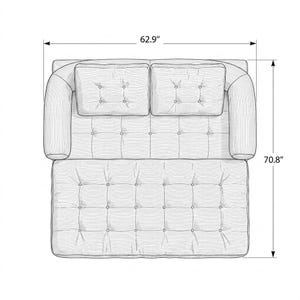 Technical dimension diagram of a corduroy futon sofa bed shown from a flat top-down overhead view in its fully unfolded bed configuration, drawn in pencil sketch style on a white background. The diagram shows the wide tufted mattress surface, two back cushions resting at the head end, and rounded armrests on each side. The bed measures 62.9 inches wide and 70.8 inches long when fully flat, with clearly labeled dimension arrows indicating the total sleeping surface size of this convertible.
