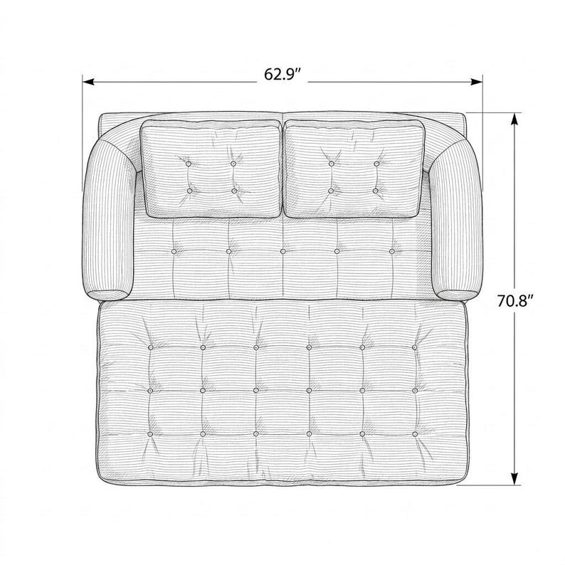 Technical dimension diagram of a corduroy futon sofa bed shown from a flat top-down overhead view in its fully unfolded bed configuration, drawn in pencil sketch style on a white background. The diagram shows the wide tufted mattress surface, two back cushions resting at the head end, and rounded armrests on each side. The bed measures 62.9 inches wide and 70.8 inches long when fully flat, with clearly labeled dimension arrows indicating the total sleeping surface size of this convertible.