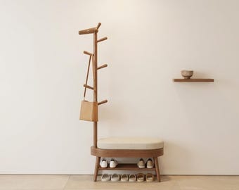 Shoe Storage Bench with Coat Rack - Solid Wood Shoe Bench, Hall Bench, Foyer Bench, Narrow Bench, Shoe Cabinet Seat, Hooks, Small Space