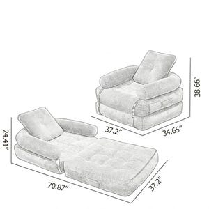 Technical dimension diagram of a corduroy single-seater futon armchair shown in two configurations, drawn in pencil sketch style on a white background. The upper sketch shows the sofa configuration measuring 37.2 inches wide, 34.65 inches deep, and 38.66 inches tall. The lower sketch shows the same chair fully unfolded into its single bed configuration, measuring 70.87 inches long, 37.2 inches wide, and 24.41 inches tall. All dimension arrows are clearly labeled for easy size reference before.