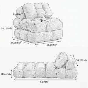 Hand-drawn black-and-white pencil sketch showing the convertible floor sofa in two configurations: upright chair and fully unfolded lounger/bed. The drawing includes neat dimension arrows and inch measurements for height, overall width, seat depth, full length, cushion thickness, and backrest size. Light shading and linework indicate the segmented tufted cushions and ribbed fabric texture. Presented on a blank white background for clear sizing reference and easy comparison between modes