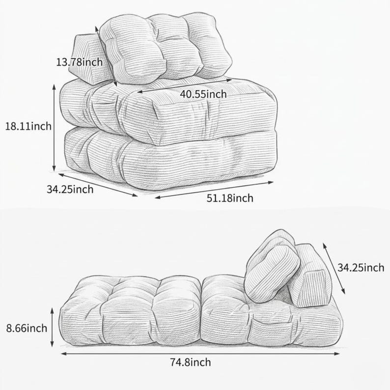 Hand-drawn black-and-white pencil sketch showing the convertible floor sofa in two configurations: upright chair and fully unfolded lounger/bed. The drawing includes neat dimension arrows and inch measurements for height, overall width, seat depth, full length, cushion thickness, and backrest size. Light shading and linework indicate the segmented tufted cushions and ribbed fabric texture. Presented on a blank white background for clear sizing reference and easy comparison between modes