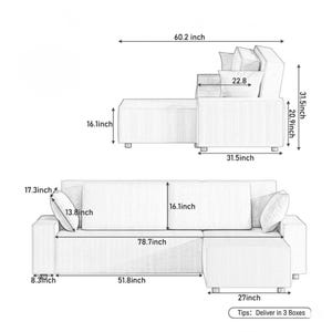Product dimension diagram for a modular sectional sofa with chaise, shown in black-and-white line drawing with labeled measurements. The illustration includes front and side views, indicating overall width, chaise depth, seat height, arm width, back cushion height, pillow dimensions, and total height. The diagram also notes delivery in three boxes, helping shoppers understand the sofa’s proportions, layout, and compact modular structure for apartment living, lounging, or flexible room setups.
