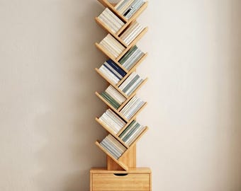 Boom boekenplank met kast - smalle boekenkast, massief houten boekenkast, montessori-boekenplank, boekenstandaard, vloerstaand, kantoor aan huis