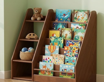 Estantería infantil Montessori - Estantería infantil de madera maciza, estantería para guardería, almacenamiento para sala de juegos, estantería para libros de bebé, estantería baja, 7 niveles