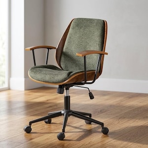 May include: An office chair with a green fabric seat and backrest, framed by a curved wooden structure. The chair features wooden armrests, a black metal frame, and a five-wheel base for mobility.