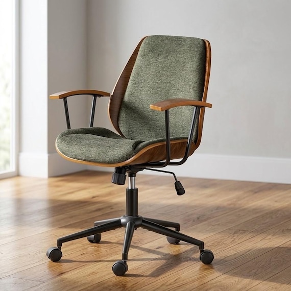 Modern Armchair - Solid Wood Chair, Retro Reading Chair, Swivel Adjustable Height Rocking Desk Task Chair, Mid Century Armchair