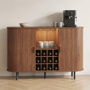 Mueble bar para vinos con luz LED - Mueble para cócteles, mueble para licores, mueble de madera estriada, vitrina para café, mueble para bebidas, aparador moderno