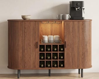 Wine Bar Cabinet with LED Light - Cocktail Cabinet, Liquor Cabinet, Fluted Wood Cabinet, Coffee Hutch, Beverage Cabinet, Modern Sideboard