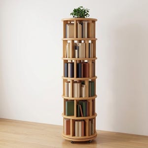 Draaibare boekenkast met wielen - massief hout draaiend, ronde boekenplank, smalle hoek, boekentoren en kleine opbergruimte, thuiskantoor