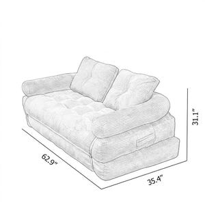 Technical dimension diagram of a corduroy futon sofa bed in sofa configuration, drawn in pencil sketch style on a white background. The two-seater sofa features two large back cushions, a deeply tufted seat, rounded armrests, and a layered base with visible buckle straps. The diagram shows the sofa measures 62.9 inches wide, 35.4 inches deep, and 31.1 inches tall, with clearly labeled dimension arrows on all three axes for easy size reference before purchase of this convertible sofa bed.
