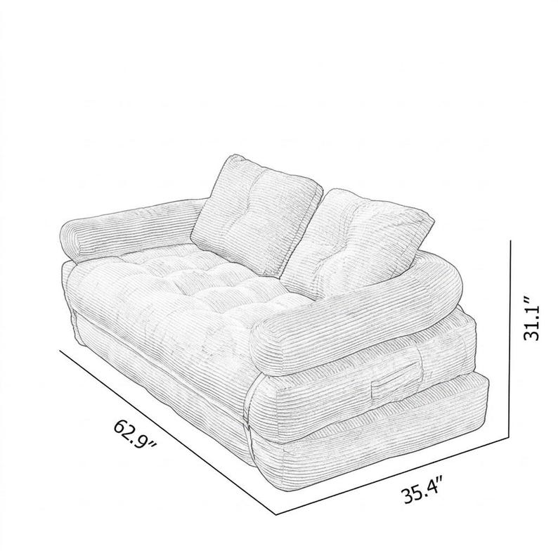 Technical dimension diagram of a corduroy futon sofa bed in sofa configuration, drawn in pencil sketch style on a white background. The two-seater sofa features two large back cushions, a deeply tufted seat, rounded armrests, and a layered base with visible buckle straps. The diagram shows the sofa measures 62.9 inches wide, 35.4 inches deep, and 31.1 inches tall, with clearly labeled dimension arrows on all three axes for easy size reference before purchase of this convertible sofa bed.
