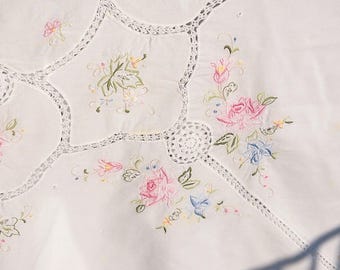 Vintage Embroidered Cotton Tablecloth with Crochet Lace Cut Outs, Scalloped Edge Trim