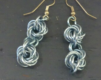 Vintage Light Blue Chainmail Earrings, Brass Ear Wires