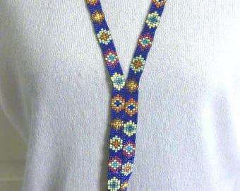 Vintage Seed Bead Necklace, Rainbow Tassel Pendant (19 inch)