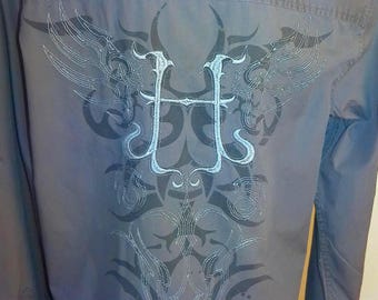 Vintage Gray Cotton Shirt with embroidered design on back, Size L Men's