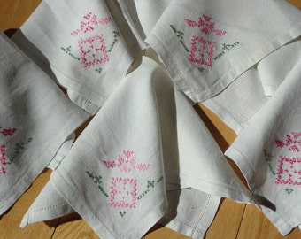 Vintage White Linen Napkins, Pink Floral Embroidery (Set of 5)